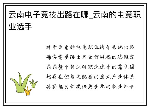 云南电子竞技出路在哪_云南的电竞职业选手