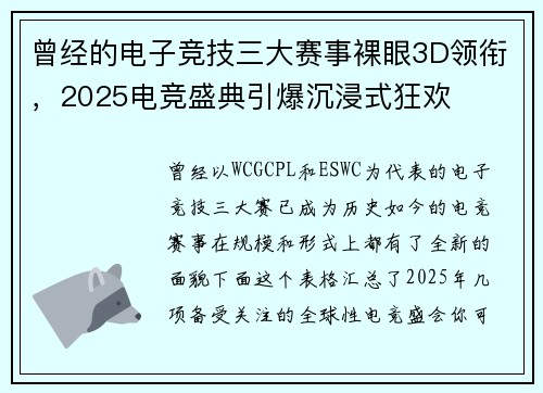 曾经的电子竞技三大赛事裸眼3D领衔，2025电竞盛典引爆沉浸式狂欢